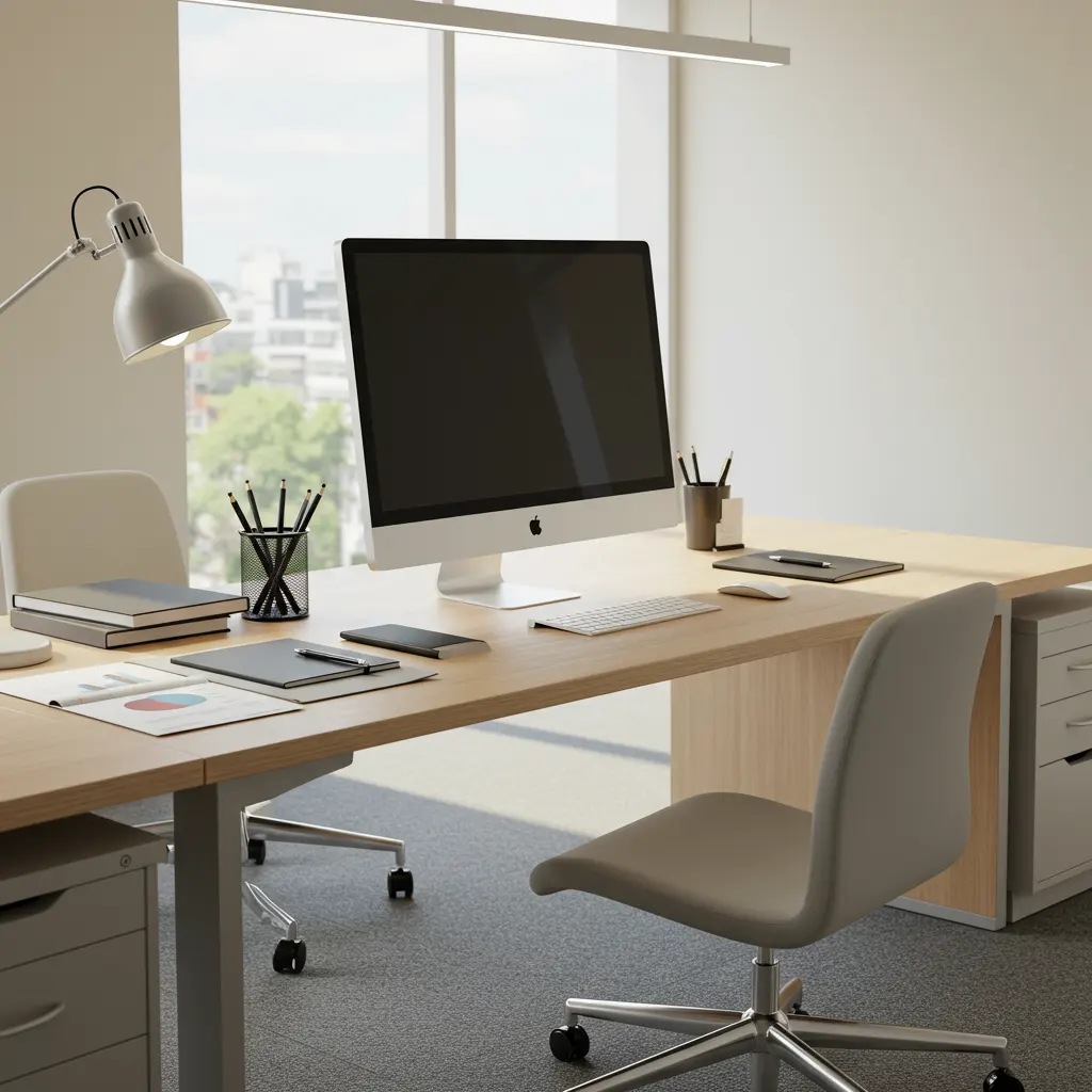 Bureau moderne avec espaces de travail propres et organisés après nettoyage professionnel