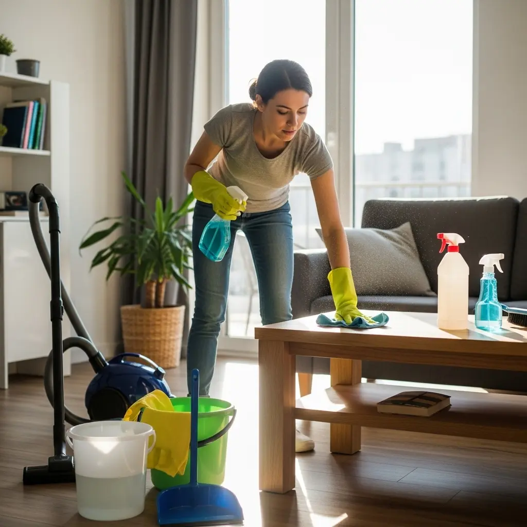 Femme de ménage professionnelle nettoyant avec des produits d'entretien pour un service régulier
