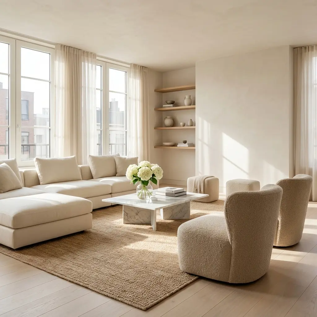 Salon familial lumineux et parfaitement rangé après service de ménage pour particuliers