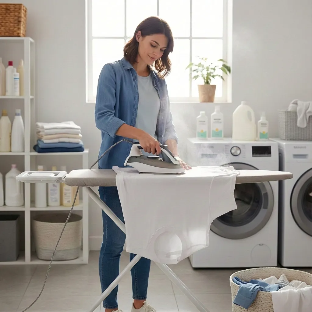 Vêtements soigneusement repassés et pliés sur une table de repassage professionnelle