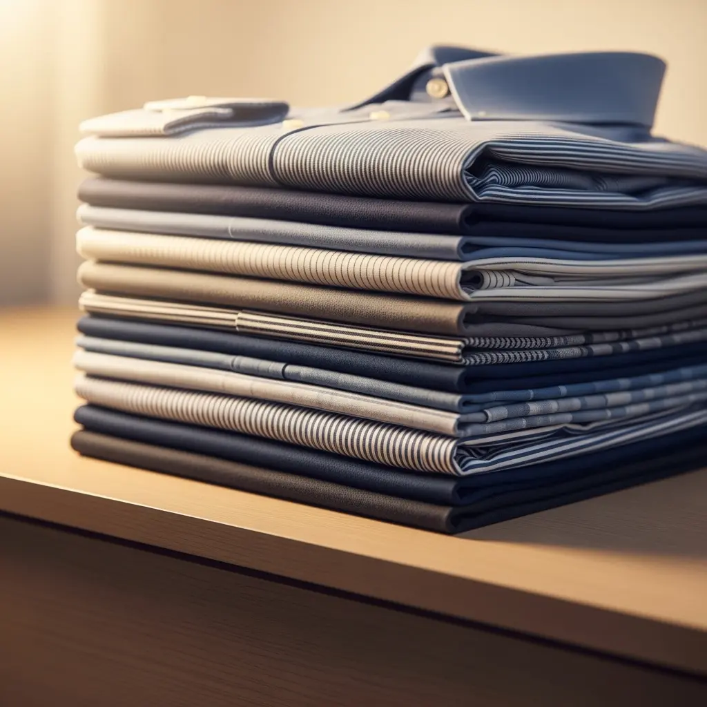 Vêtements soigneusement repassés et pliés sur une table de repassage professionnelle